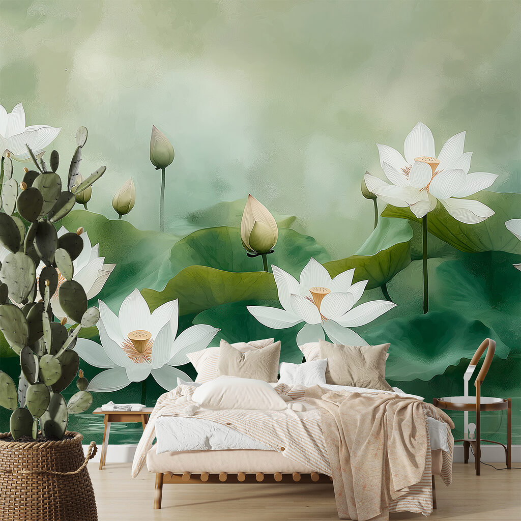 Lotussen in zachtgroen vijverlicht — interieur 1