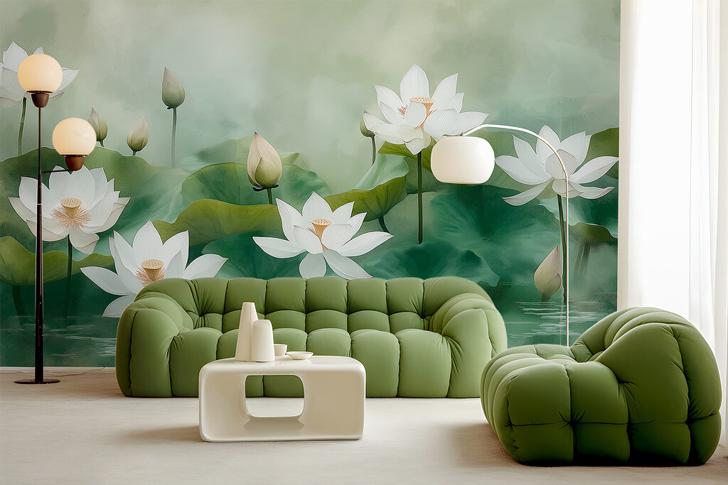 Lotussen in zachtgroen vijverlicht — interieur 2