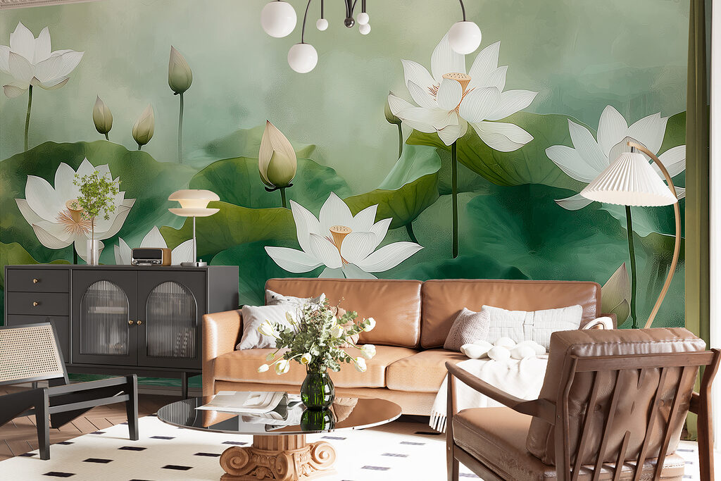 Lotussen in zachtgroen vijverlicht — interieur 3