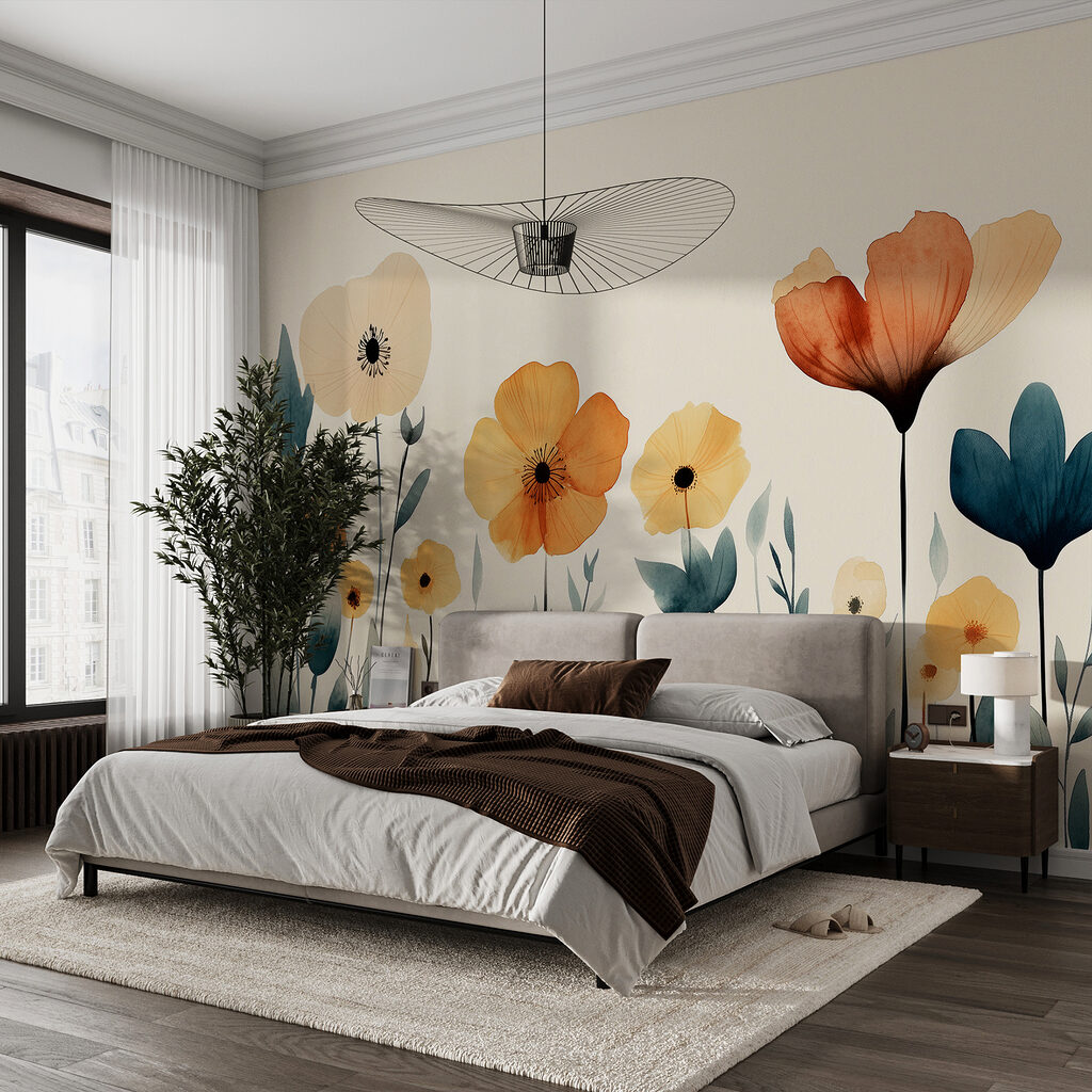 Okerbloemen tussen donkere bladeren — interieur 1