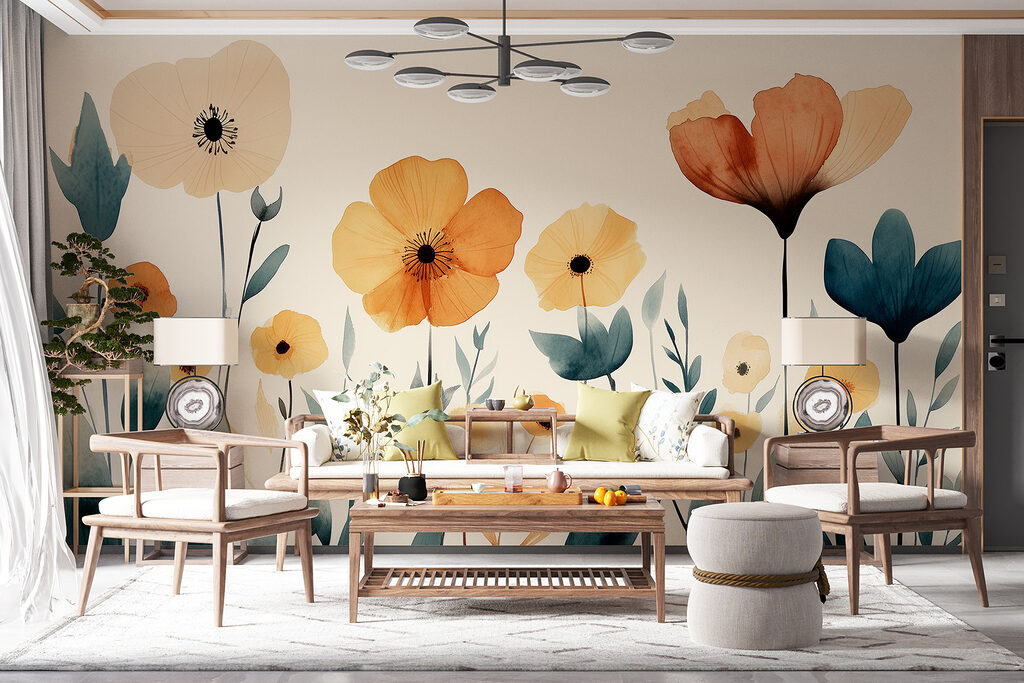 Okerbloemen tussen donkere bladeren — interieur 4