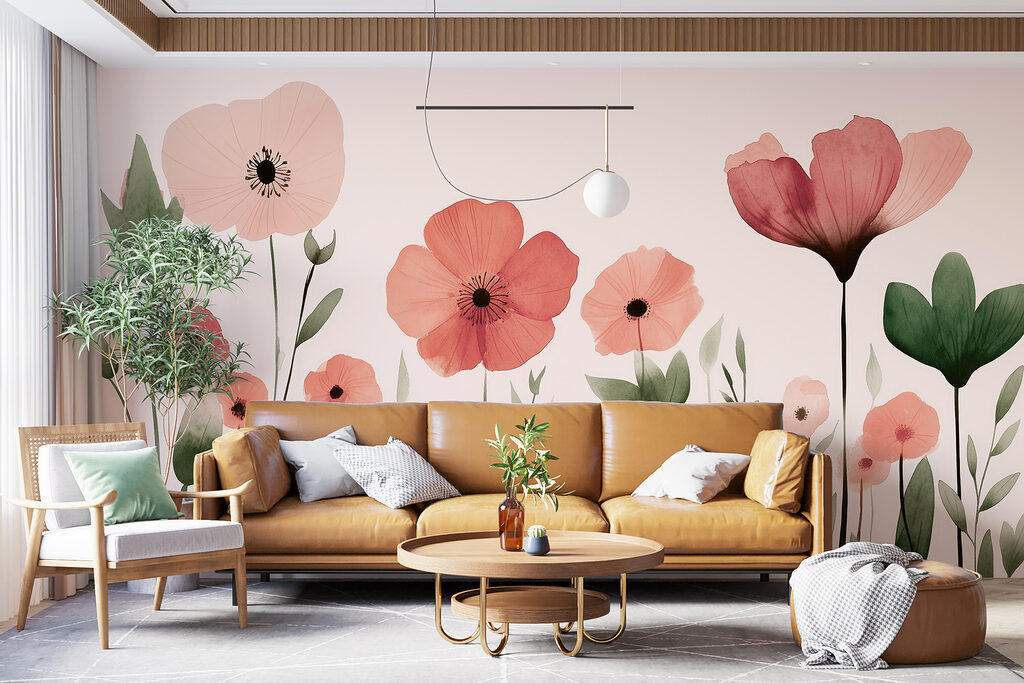 Groep bloemen met groene bladeren in een interieur