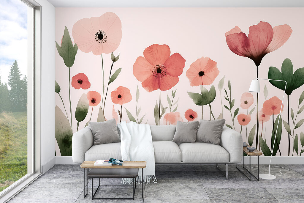 Roze bloemen boven groen — interieur 2