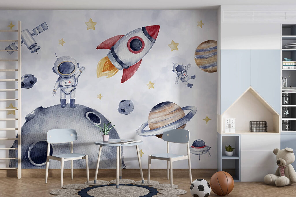 Aquarel van ruimteobjecten in een interieur