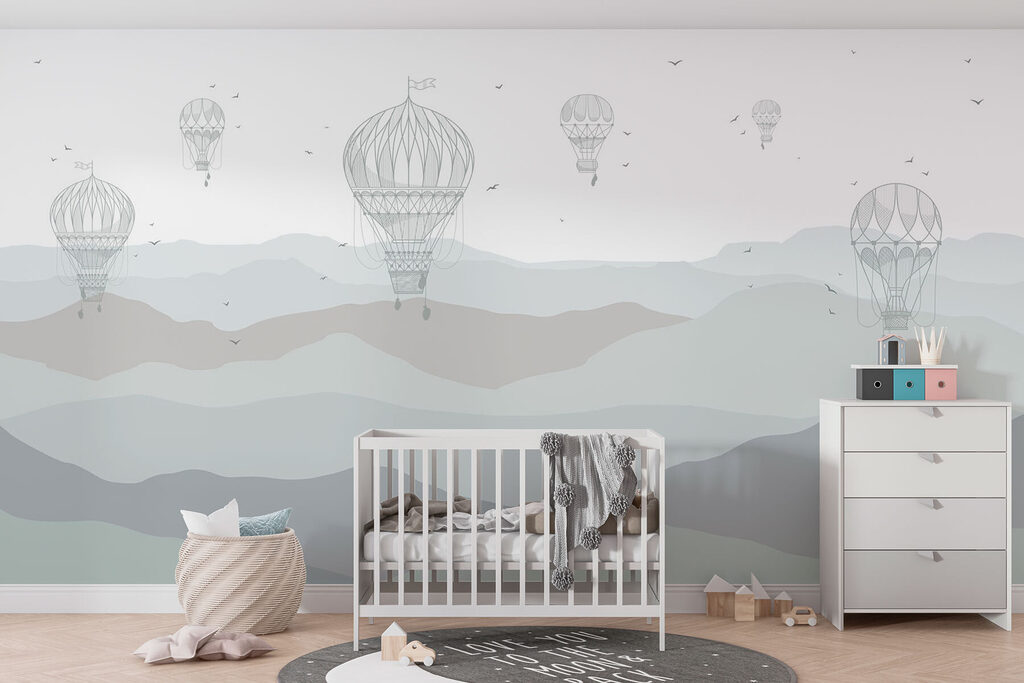 Groep heteluchtballonnen in de lucht in een interieur