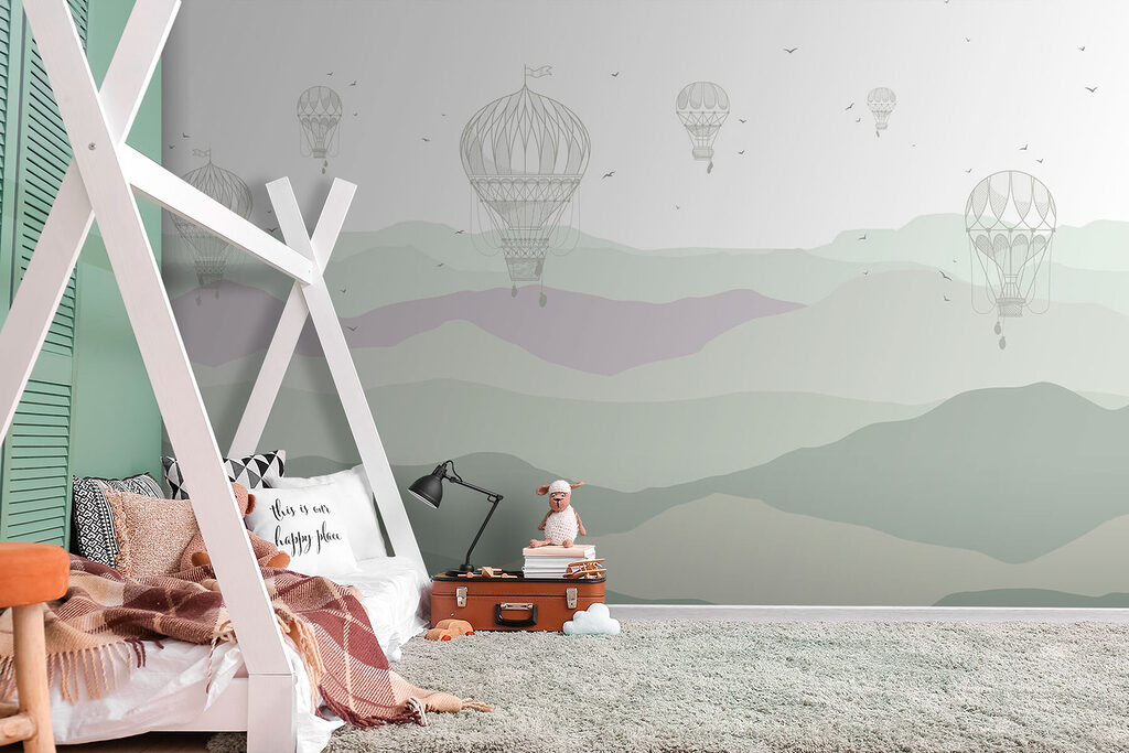 Ballonnen boven zachte heuvellagen — interieur 1
