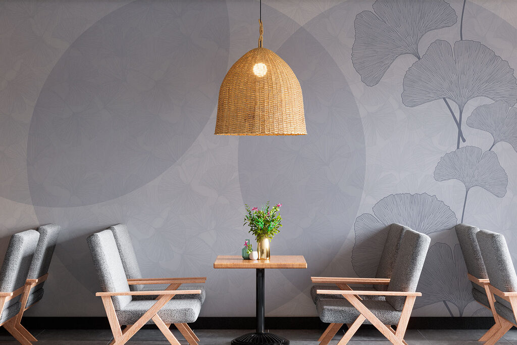 Witte en blauwe achtergrond met cirkels en lijnen in een interieur