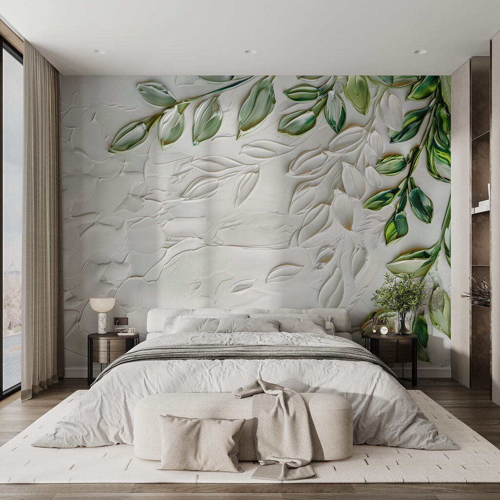 Wit oppervlak met groene bladeren in een interieur