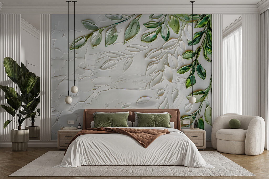 Wit oppervlak met groene bladeren — interieur 2