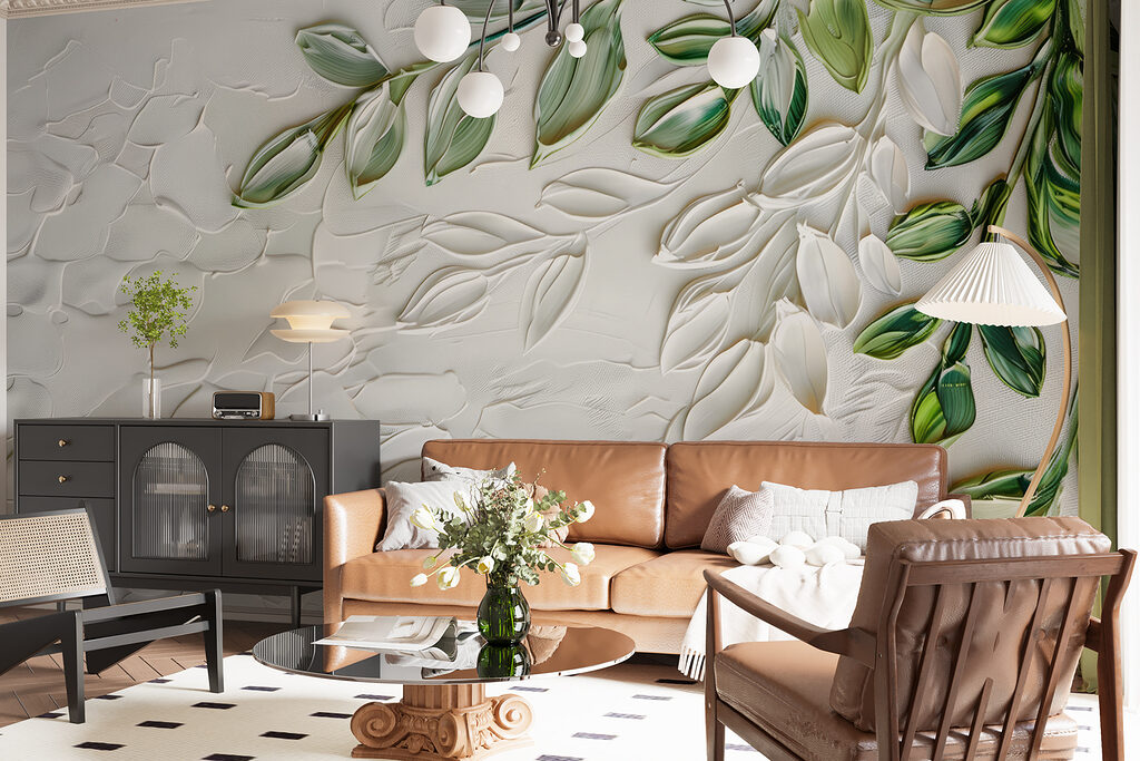 Wit oppervlak met groene bladeren — interieur 3