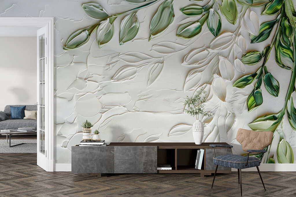 Wit oppervlak met groene bladeren — interieur 4