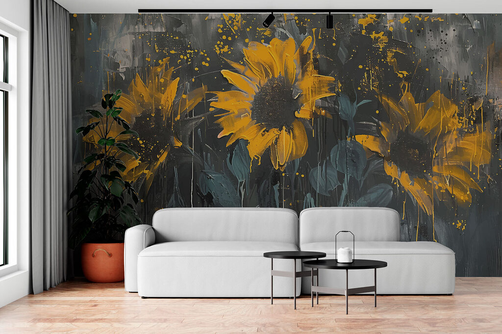 Zonnebloemen op verweerd antraciet — interieur 2