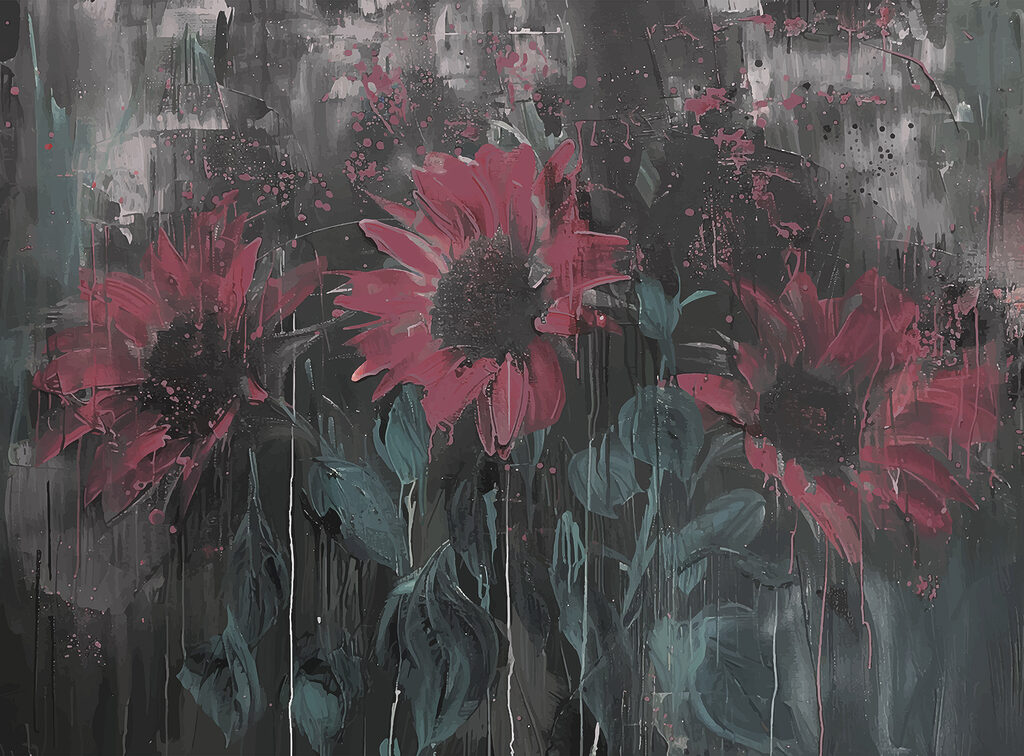 Donkerrode bloemen op patina — volledig ontwerp