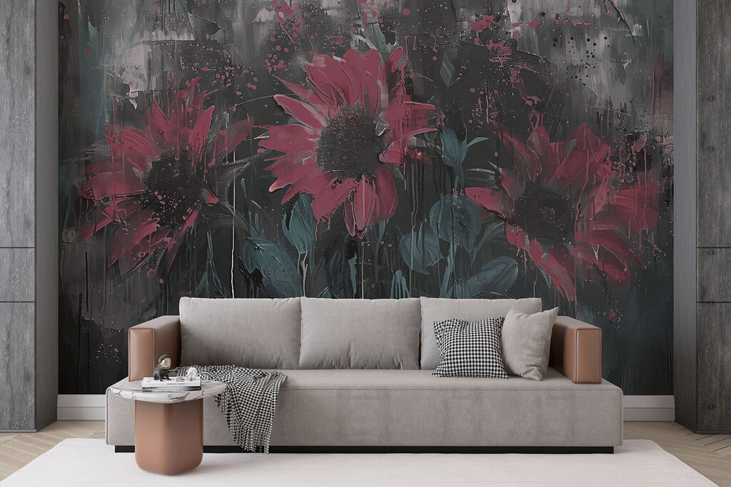 Donkerrode bloemen op patina — interieur 2