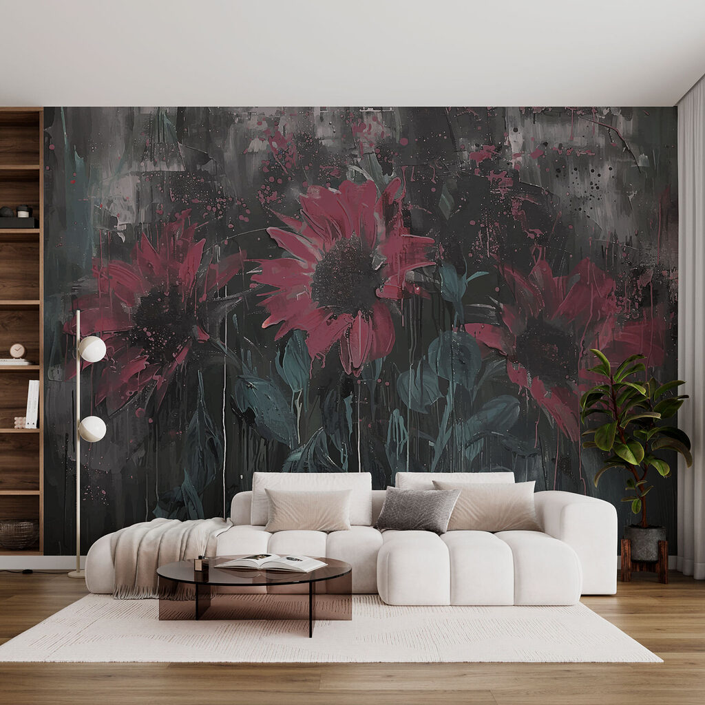 Donkerrode bloemen op patina — interieur 3