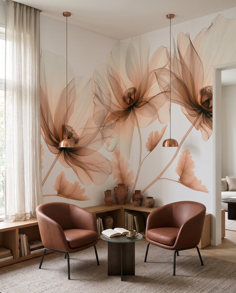 Transparante bloemen in zandtinten — interieur 1