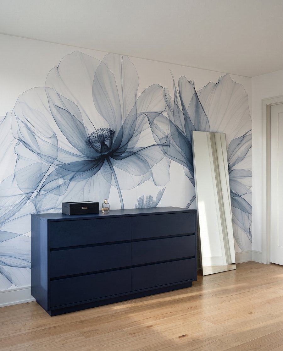 Drie bloemen vangen licht in een interieur