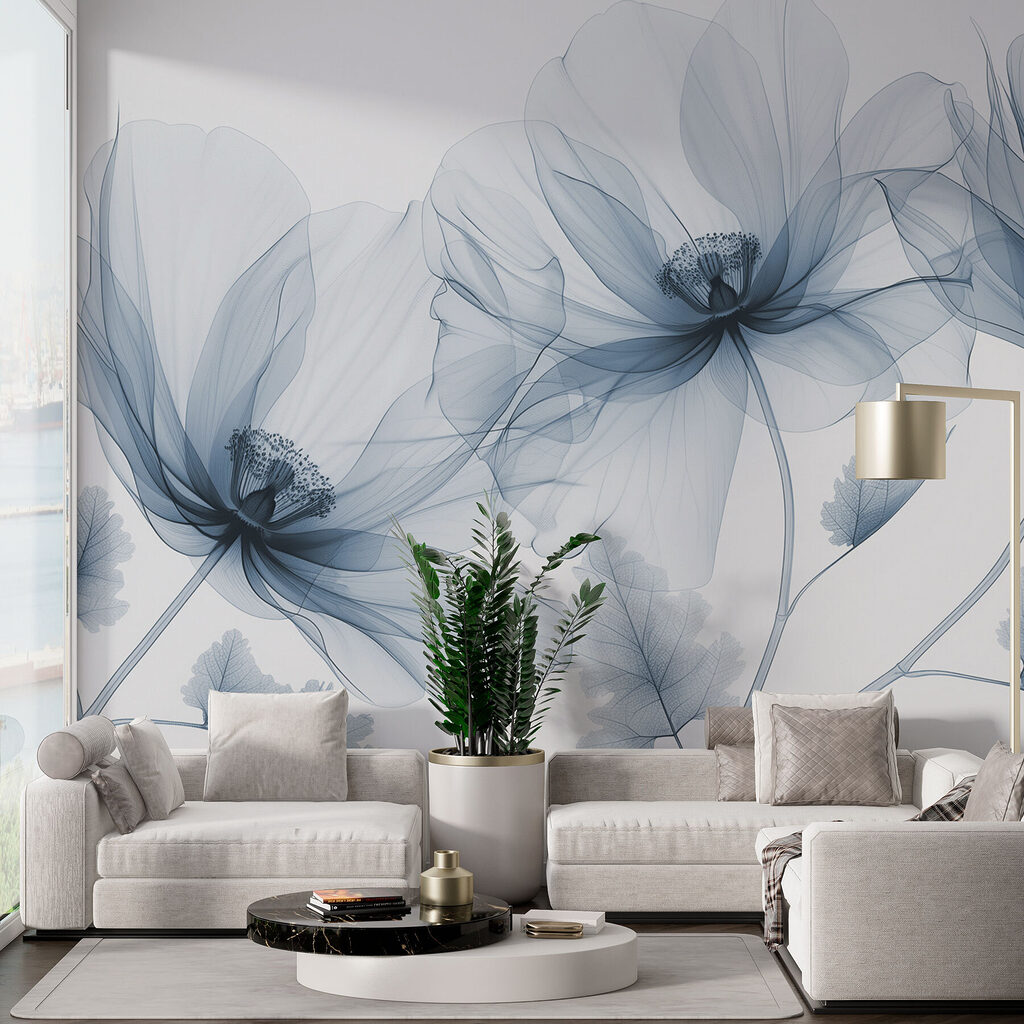 Verfijnde bloemen in zachte blauwe tinten in een interieur