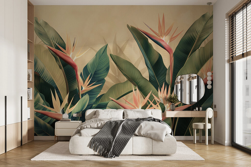 Paradijsvogelbloemen tussen donkere bladeren — interieur 1
