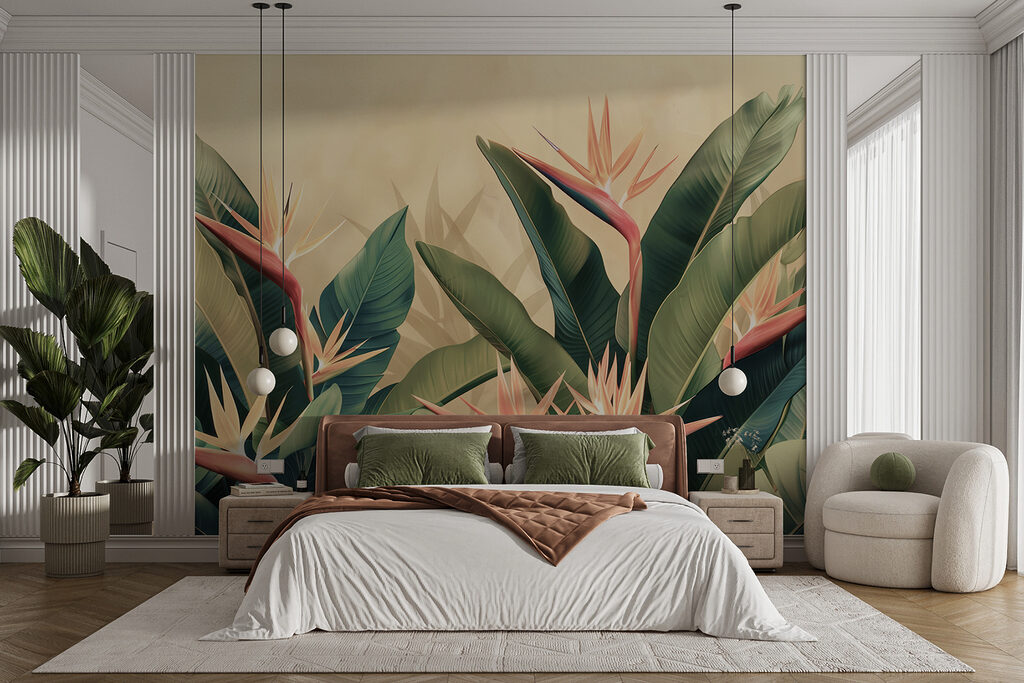 Paradijsvogelbloemen tussen donkere bladeren — interieur 2