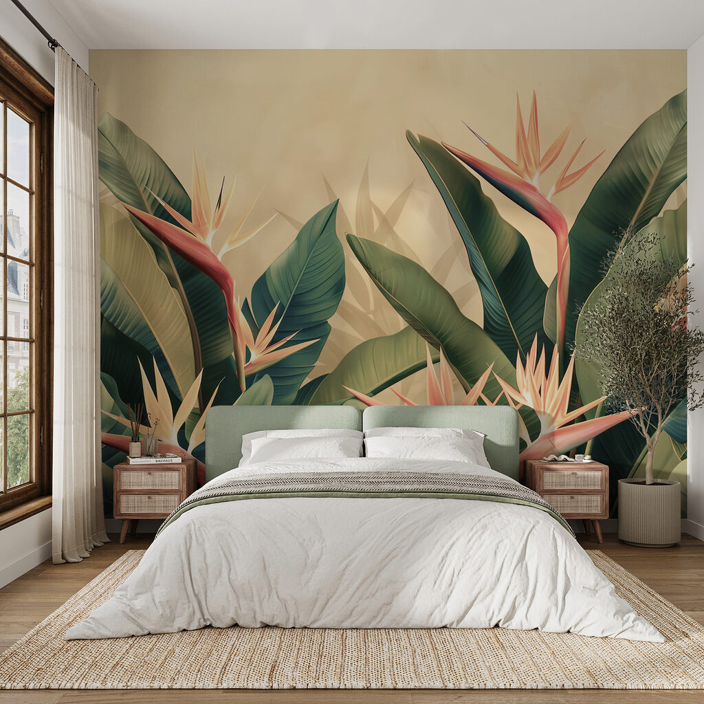 Paradijsvogelbloemen tussen donkere bladeren — interieur 4
