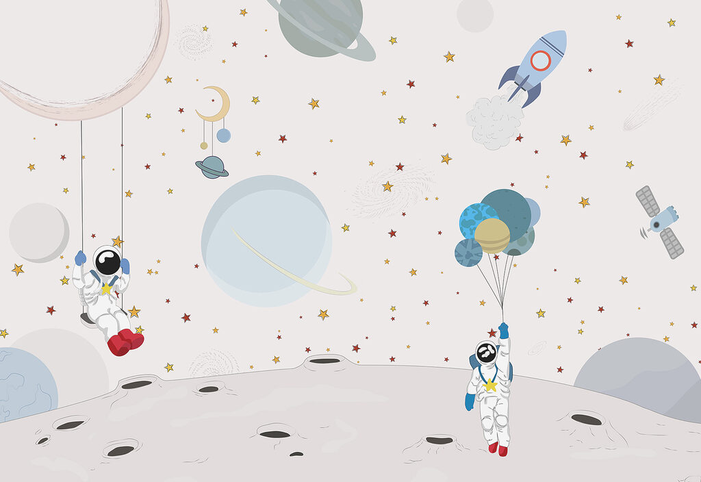 Astronauten tussen zwevende pastelfiguren — volledig ontwerp