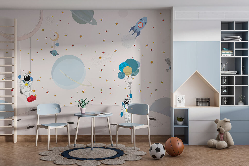 Astronauten tussen zwevende pastelfiguren — interieur 1