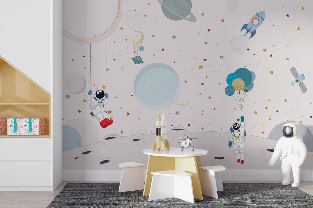 Astronauten tussen zwevende pastelfiguren — interieur 2