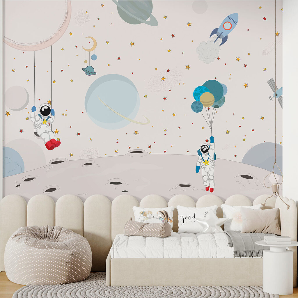 Astronauten tussen zwevende pastelfiguren — interieur 3