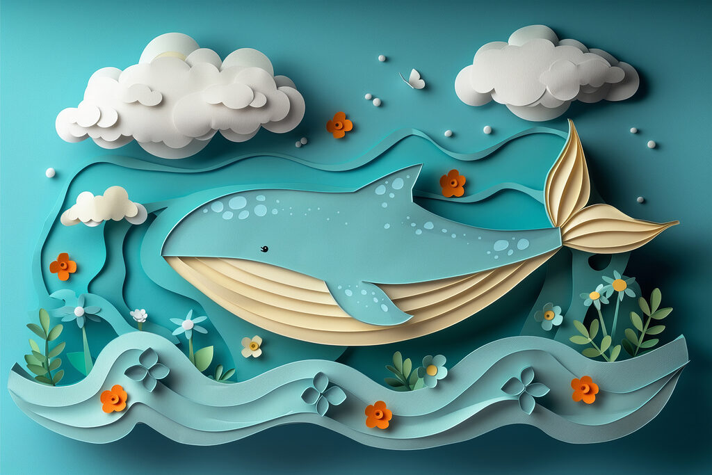 Walvis onder witte wolken — volledig ontwerp