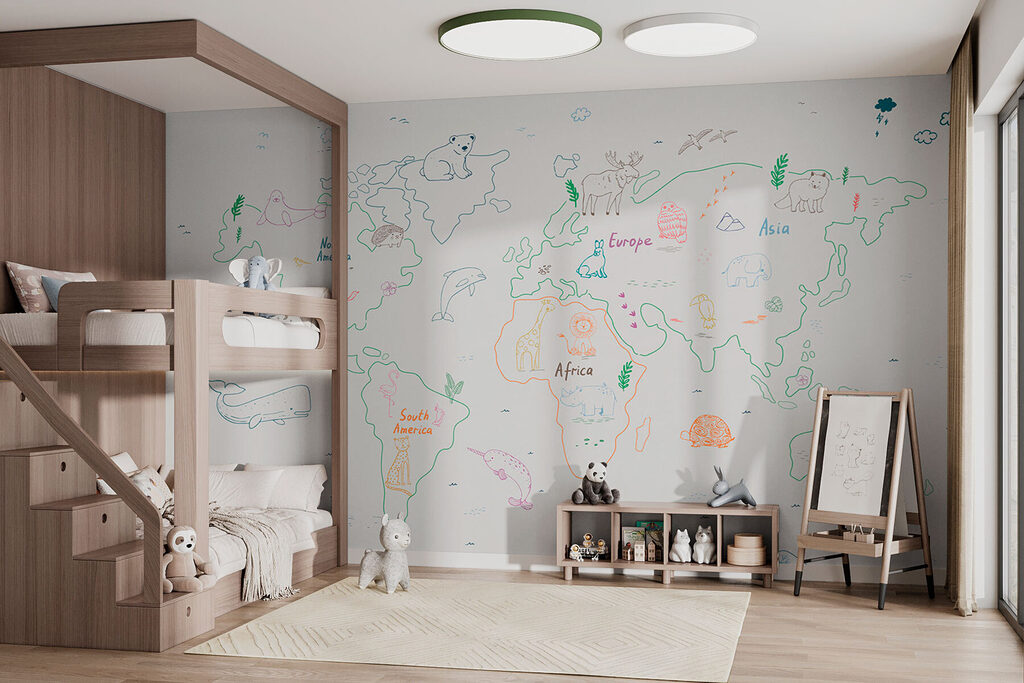 Wereldkaart in speelse lijntjes — interieur 1