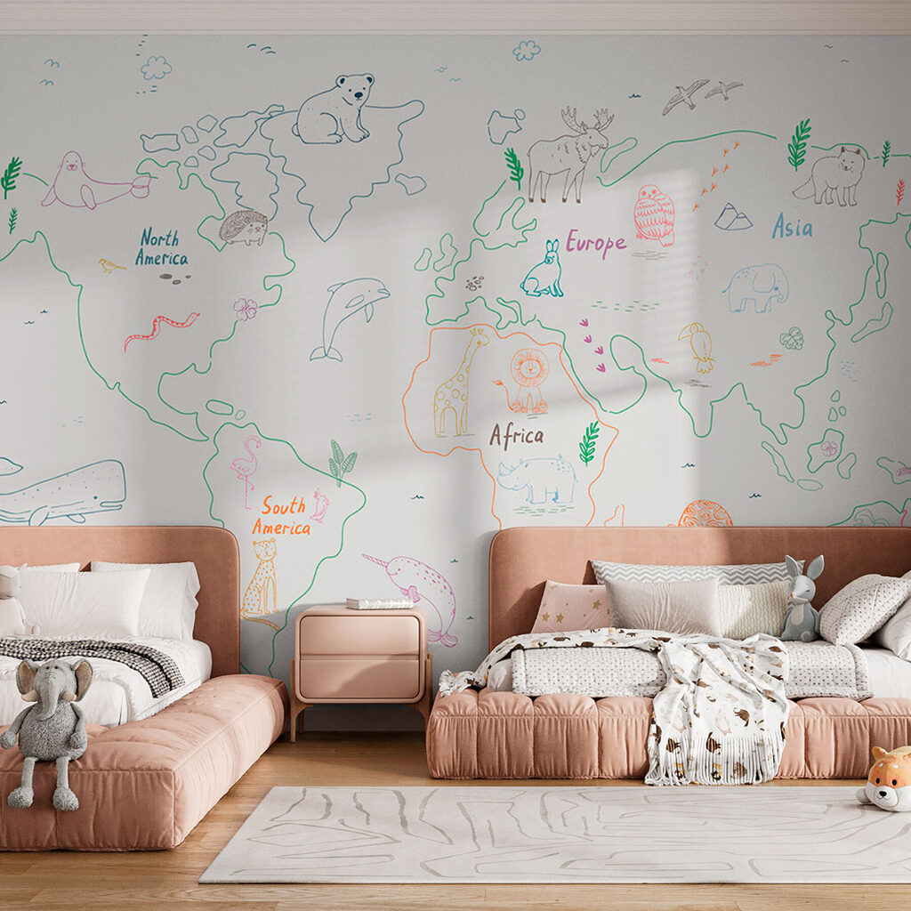 Wereldkaart in speelse lijntjes — interieur 2