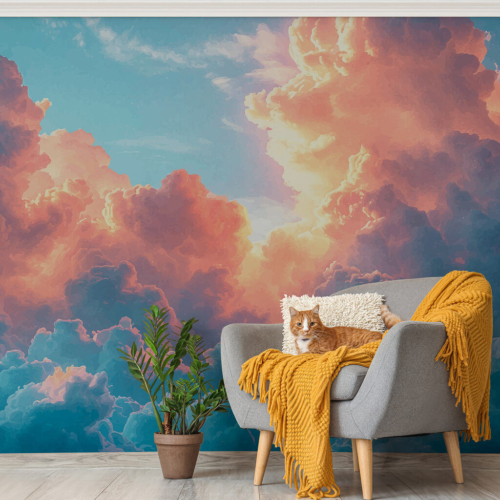 Blauwe lucht met wolken in een interieur