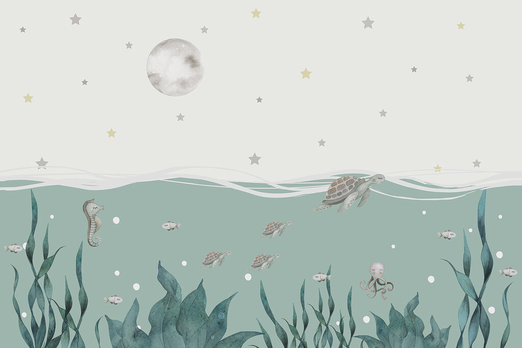 Zeewier en zeepaardjes onder water — volledig ontwerp