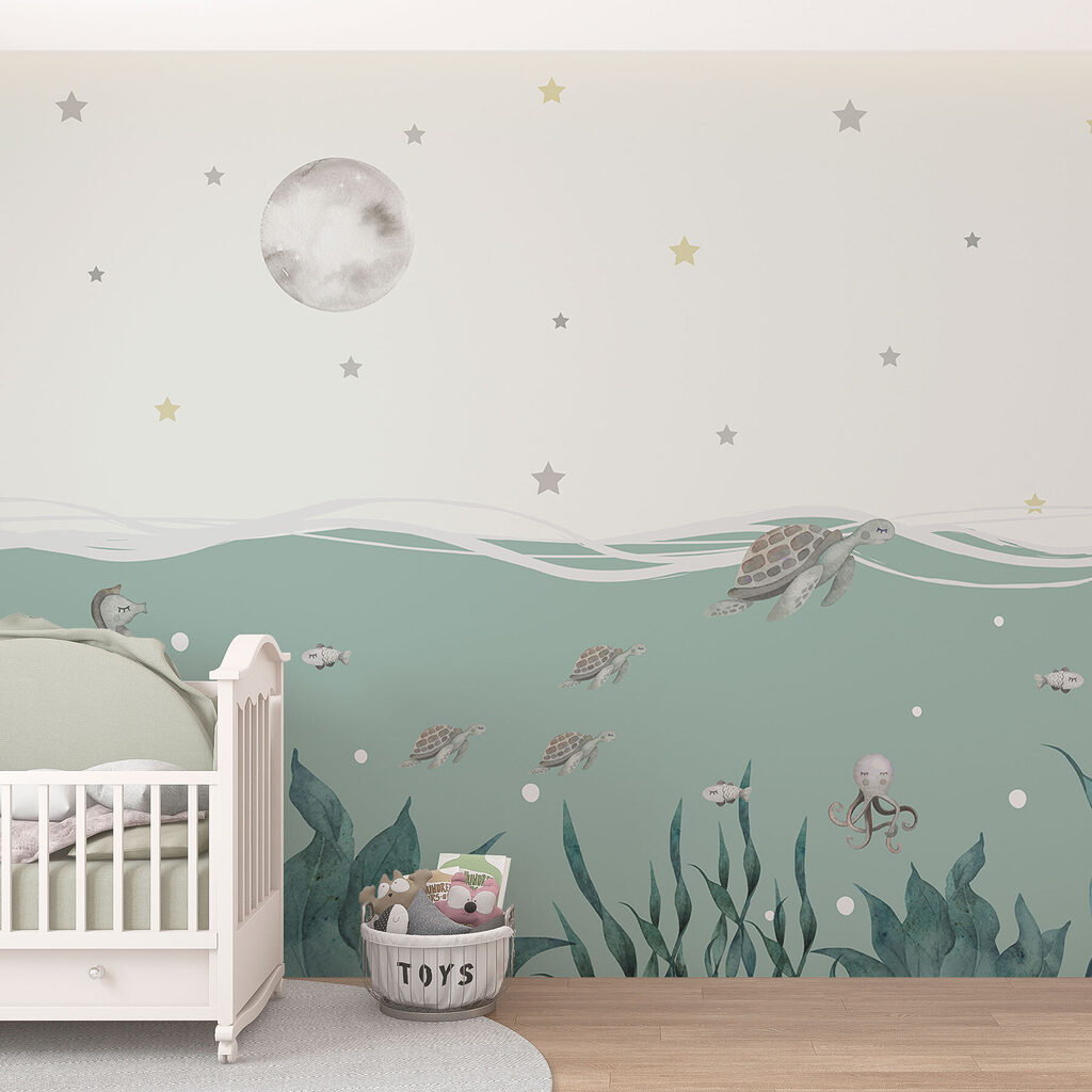 Zeewier en zeepaardjes onder water in een interieur