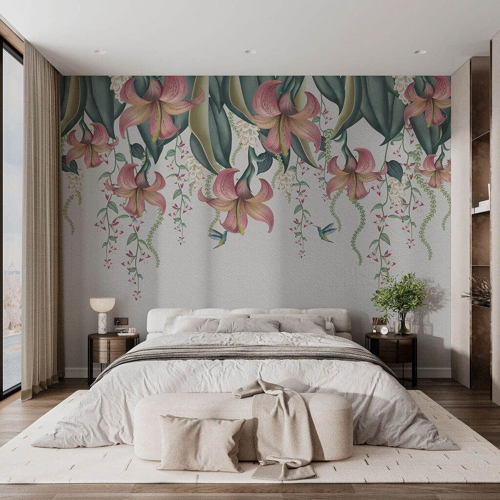 Kleurrijke bloemen en sierlijke klimplanten in een interieur