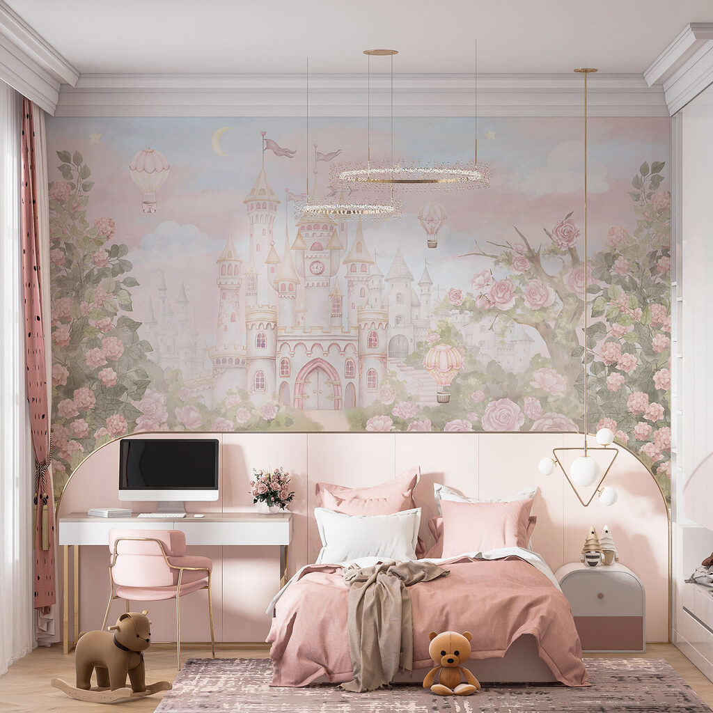 Kasteel met bloemen en luchtballonnen in een interieur