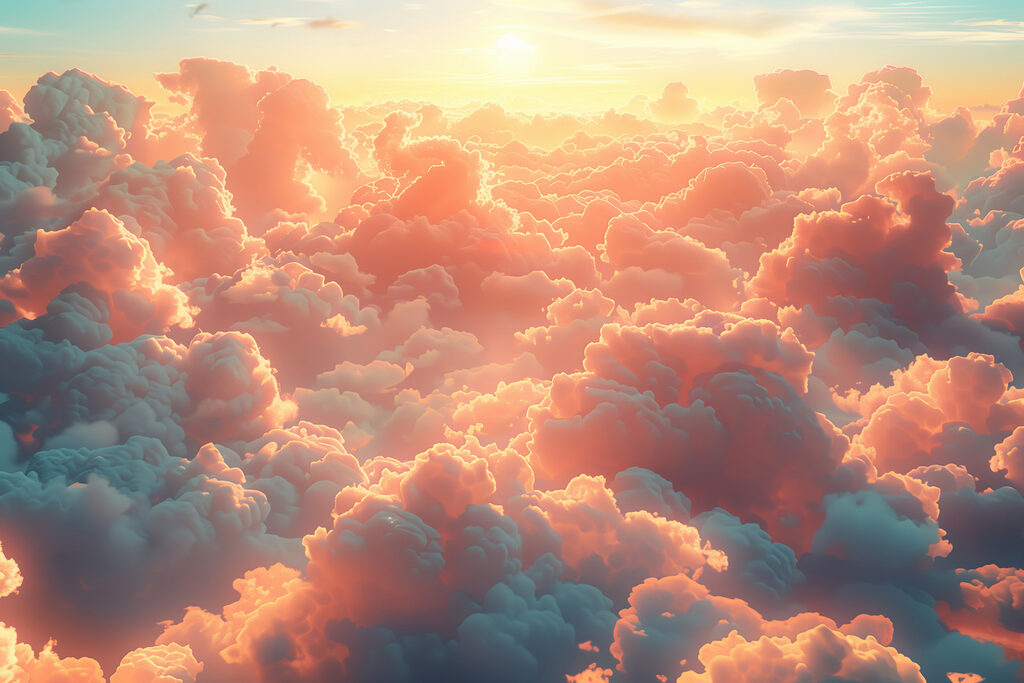 Wolkenzee in koraalroze licht — volledig ontwerp