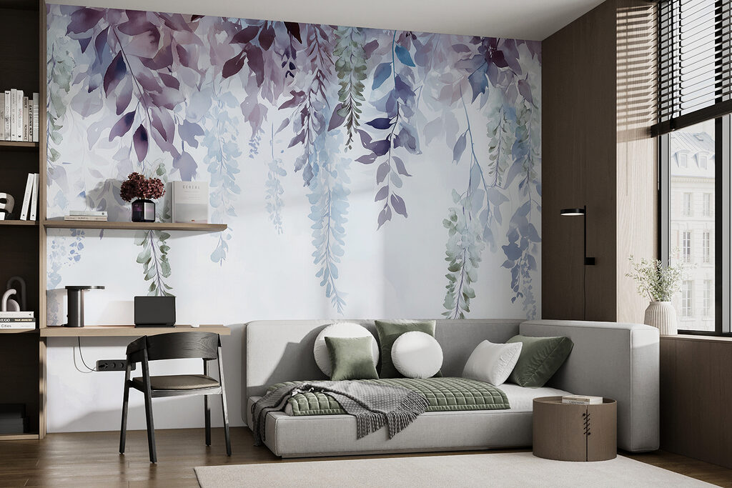 Schilderij van bladeren en bloemen in een interieur