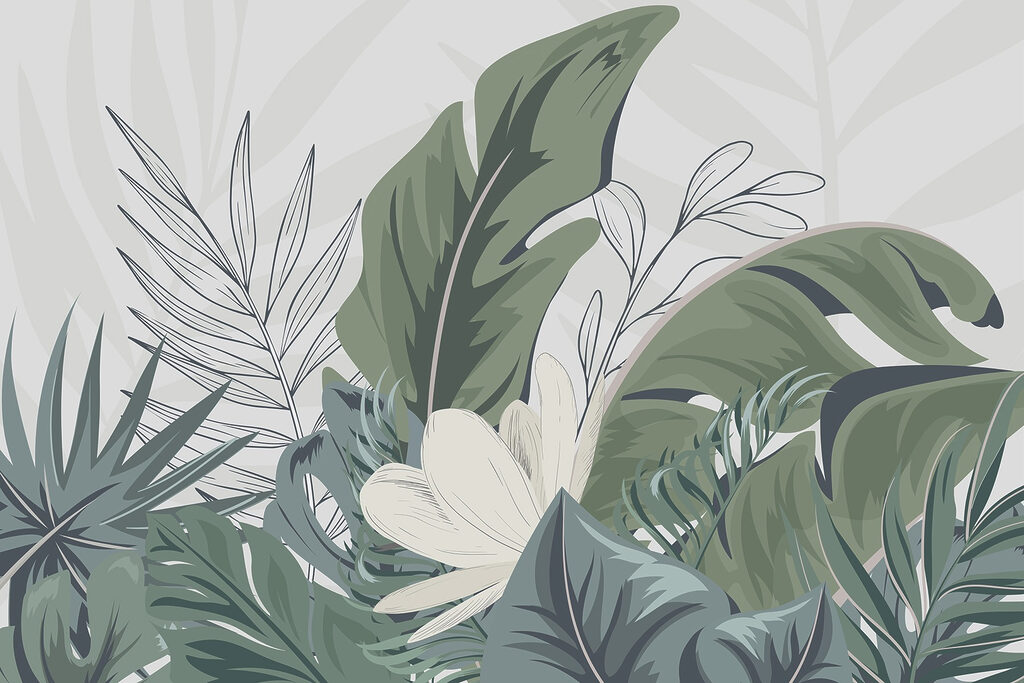 Groene bladeren, witte bloem — volledig ontwerp