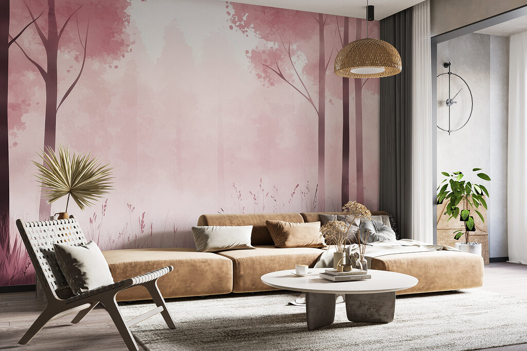Mistig bos met roze bomen in een interieur