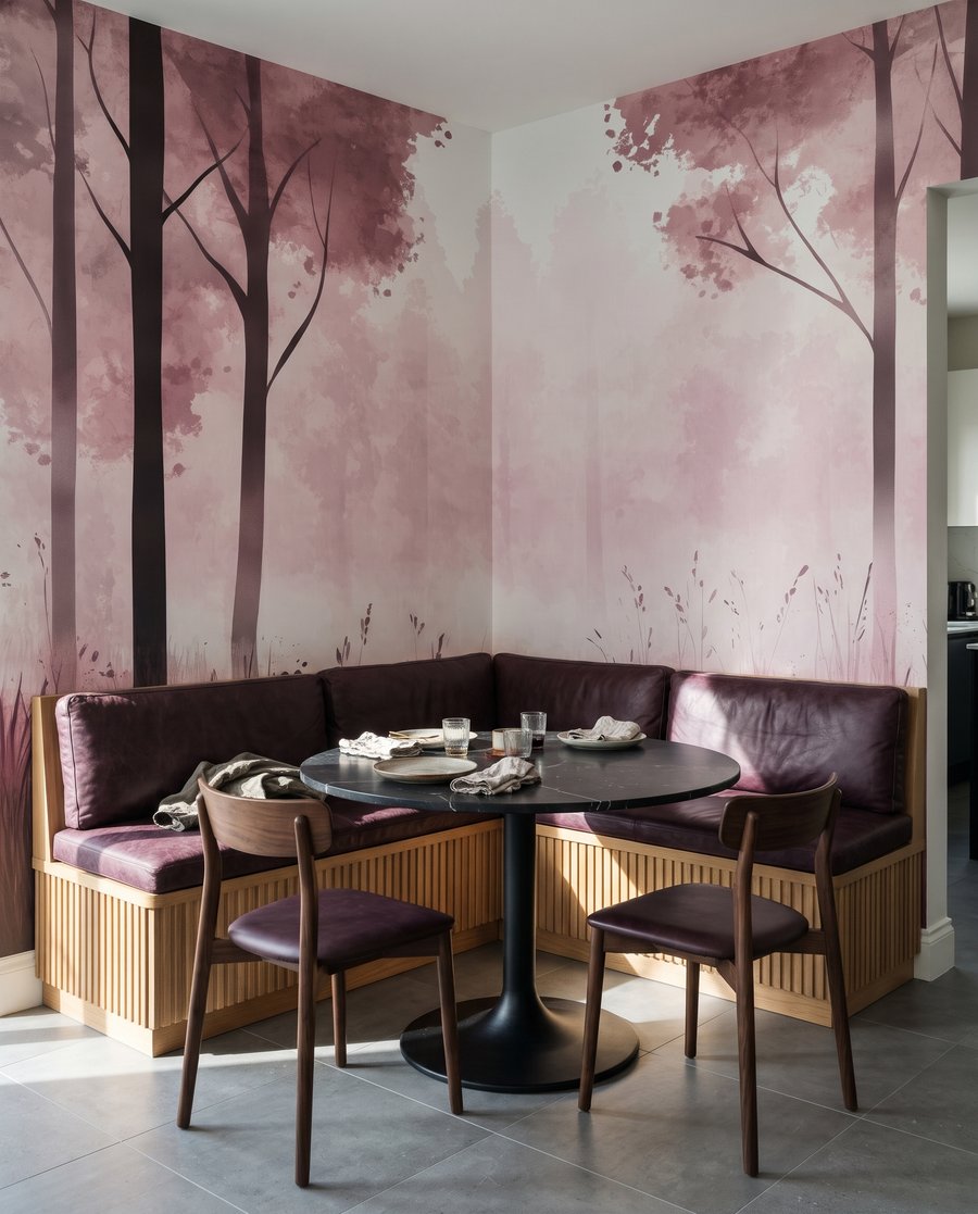 Bosrand met hoge stammen in een interieur