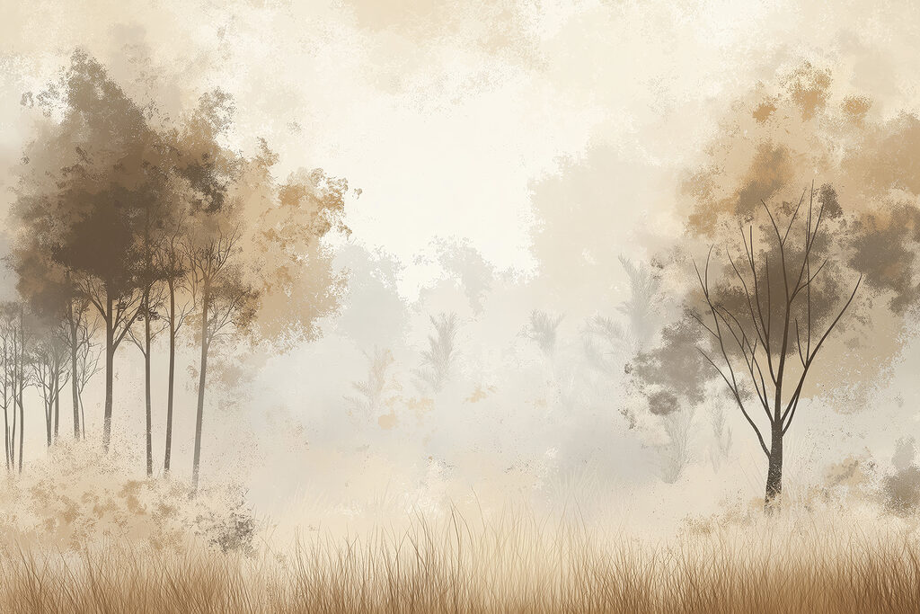Bomen langs een nevelweide — volledig ontwerp