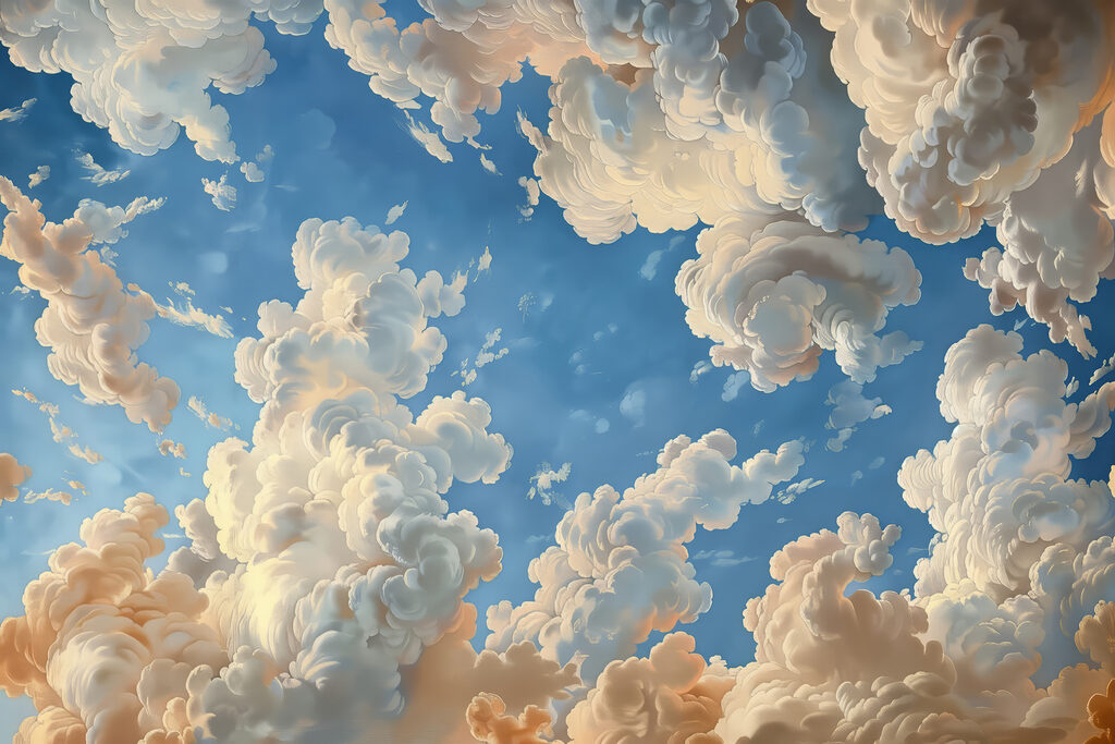 Wolkenkrullen rond blauwe lucht — volledig ontwerp
