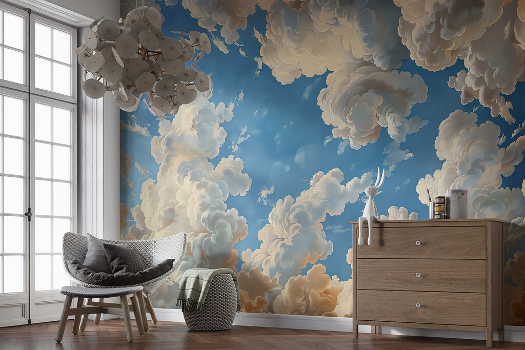 Wolkenkrullen rond blauwe lucht — interieur 4