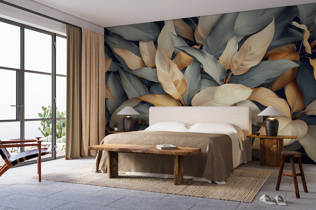 Groep bladeren met verschillende kleuren in een interieur