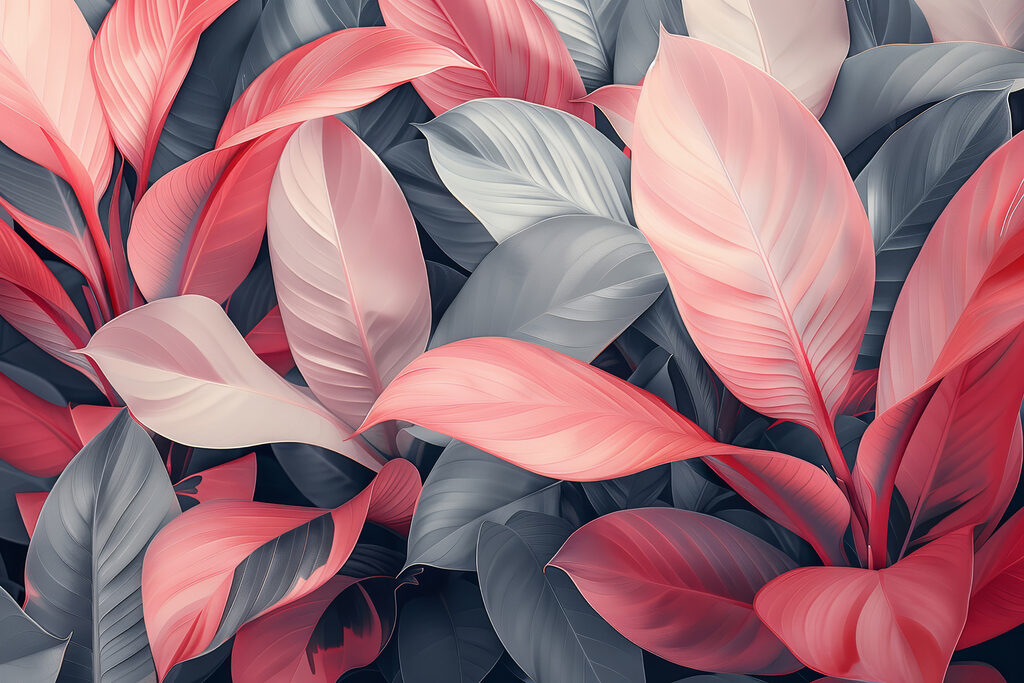 Roze bladranken op grijsblauw — volledig ontwerp