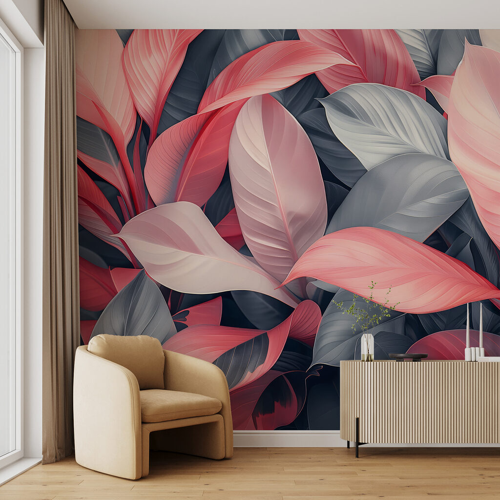 Roze bladranken op grijsblauw — interieur 2