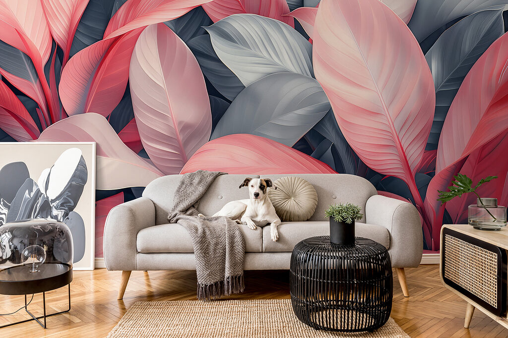 Roze bladranken op grijsblauw — interieur 3