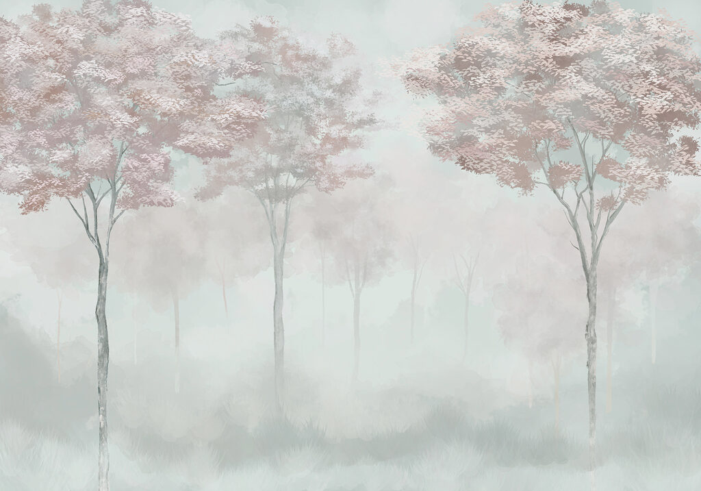 Mistig bos met bomen — volledig ontwerp
